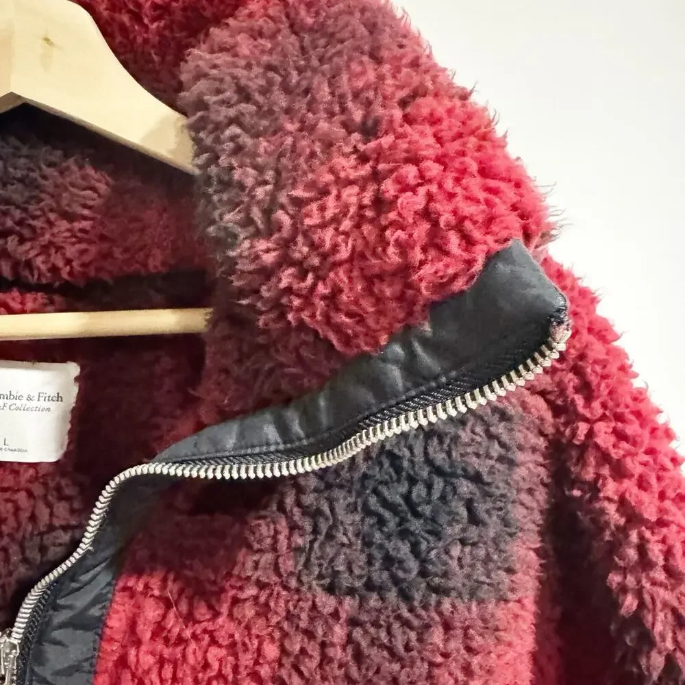 Abercrombie Fitch Women Large Buffalo Plaid Cocoon Sherpa Half Zip Sweater Jacks - Picture 4 of 6